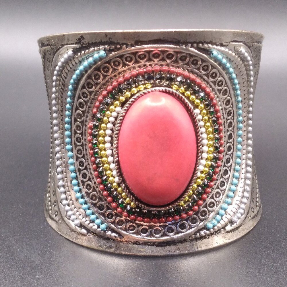 Silver tone Cuff Bracelet Enamel & Coral Color dyed Stone